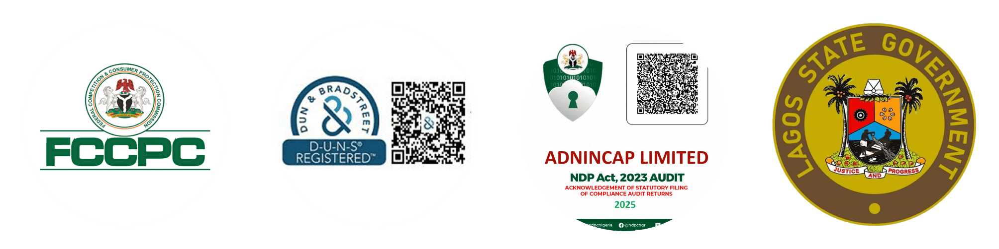 EduAid Africa compliance badges — FCCPC registered, NDPR compliant, Lagos State partner, Dun and Bradstreet verified